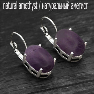 Vintage Natural Quartz Jades Amethysts Claw Pendant Earrings Antique Silver Plated Natural Stone Unakite Fashion Women Earring