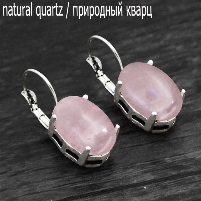 Vintage Natural Quartz Jades Amethysts Claw Pendant Earrings Antique Silver Plated Natural Stone Unakite Fashion Women Earring