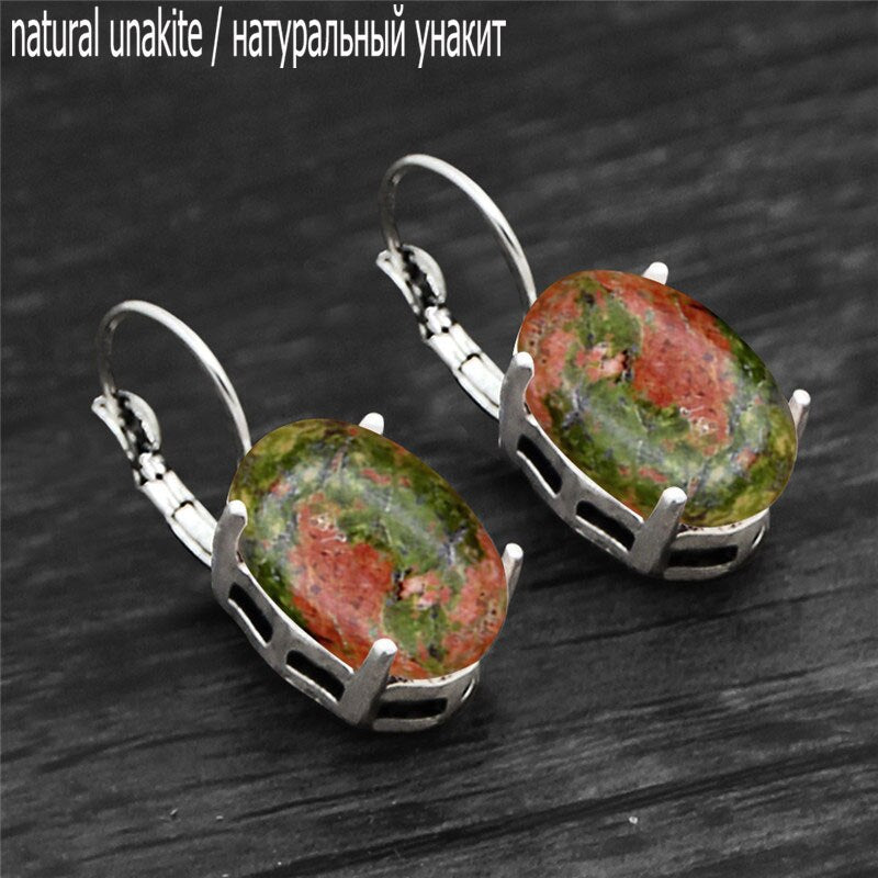 Vintage Natural Quartz Jades Amethysts Claw Pendant Earrings Antique Silver Plated Natural Stone Unakite Fashion Women Earring