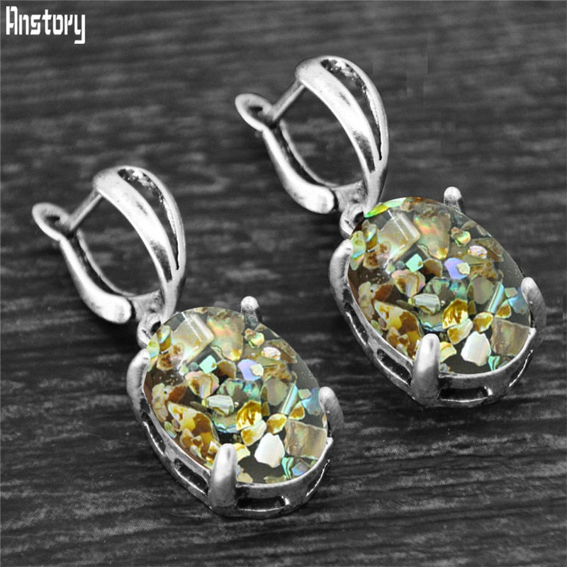 Vintage Natural Quartz Jades Amethysts Claw Pendant Earrings Antique Silver Plated Natural Stone Unakite Fashion Women Earring