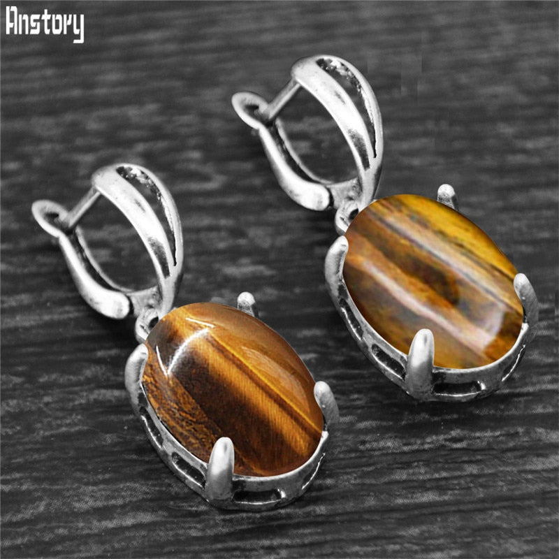 Vintage Natural Quartz Jades Amethysts Claw Pendant Earrings Antique Silver Plated Natural Stone Unakite Fashion Women Earring