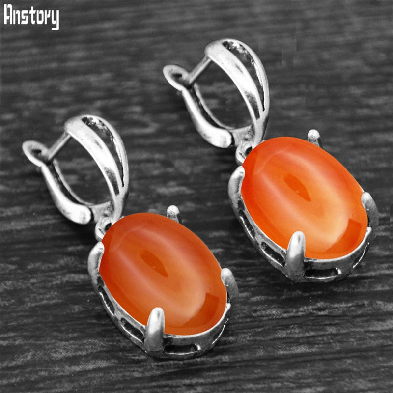 Vintage Natural Quartz Jades Amethysts Claw Pendant Earrings Antique Silver Plated Natural Stone Unakite Fashion Women Earring