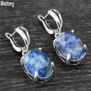 Vintage Natural Quartz Jades Amethysts Claw Pendant Earrings Antique Silver Plated Natural Stone Unakite Fashion Women Earring