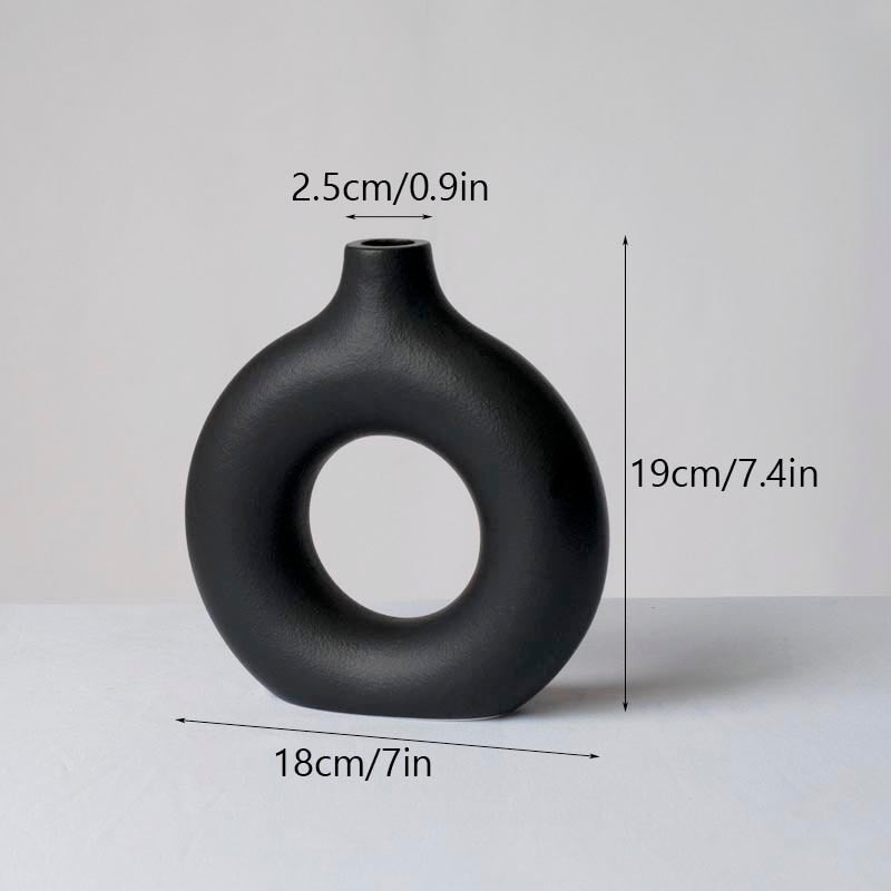 VILEAD Black Circular Hollow Ceramic Vase Donuts Nordic Flower Pot Home Decoration Accessories Office Living Room Interior Decor