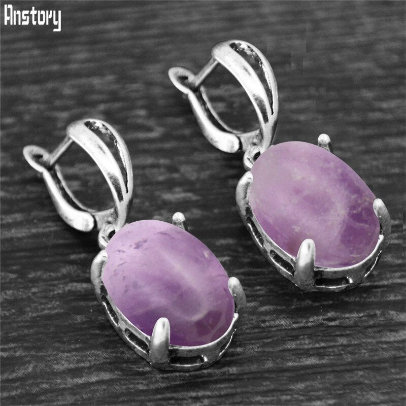 Vintage Natural Quartz Jades Amethysts Claw Pendant Earrings Antique Silver Plated Natural Stone Unakite Fashion Women Earring