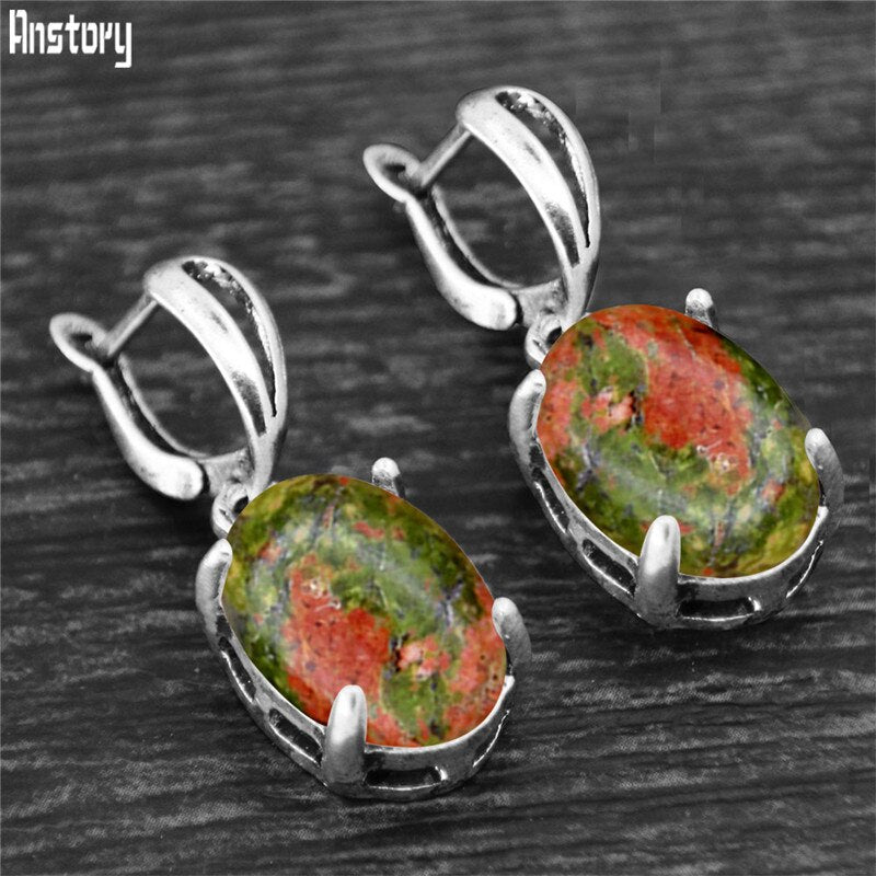 Vintage Natural Quartz Jades Amethysts Claw Pendant Earrings Antique Silver Plated Natural Stone Unakite Fashion Women Earring